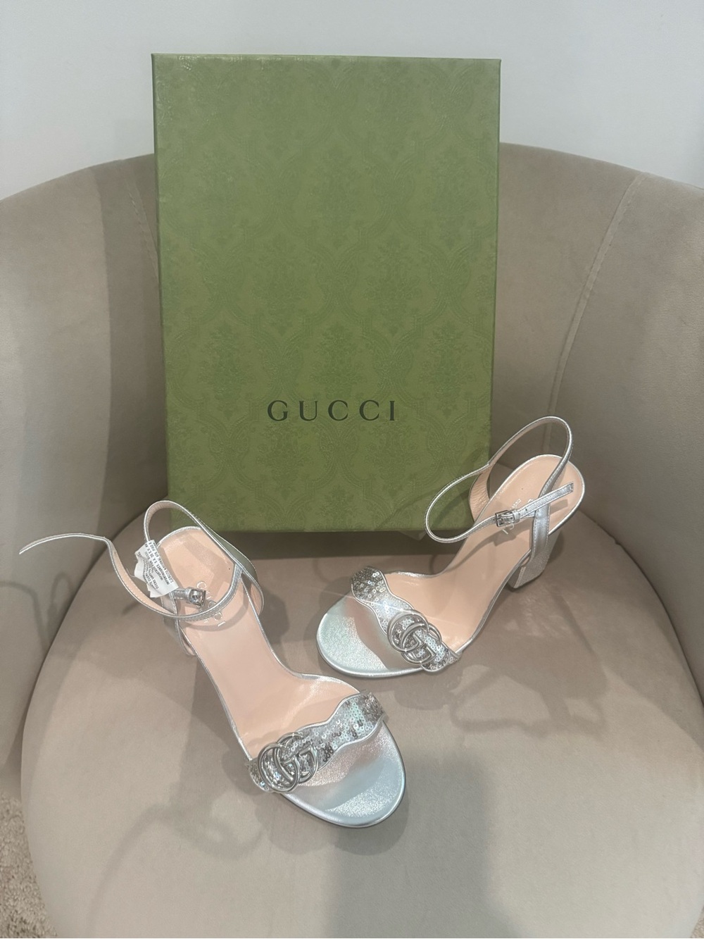Gucci Metallic Silver Strappy Heels